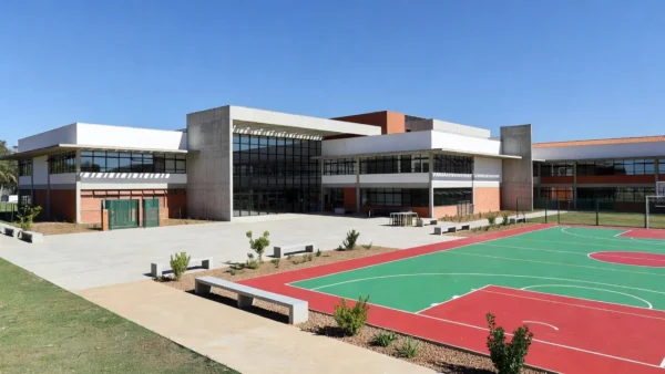 Escola pública brasileira com portões abertos para a comunidade