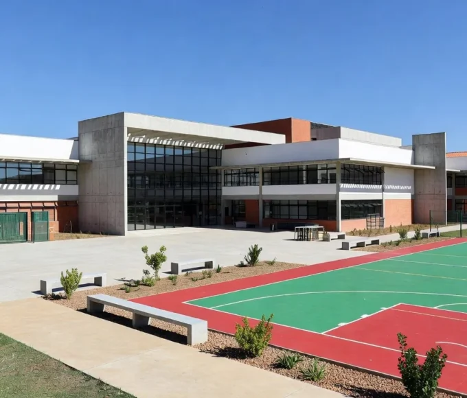 Escola pública brasileira com portões abertos para a comunidade