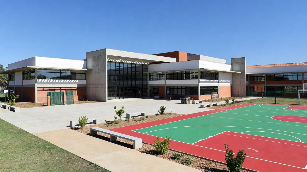 Escola pública brasileira com portões abertos para a comunidade