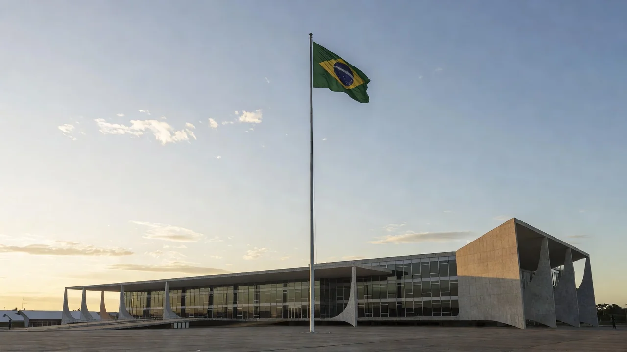 Fachada do TSE em Brasília com bandeira do Brasil