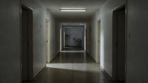 Corredor vazio de hospital simbolizando diagnóstico de doença de Creutzfeldt-Jakob