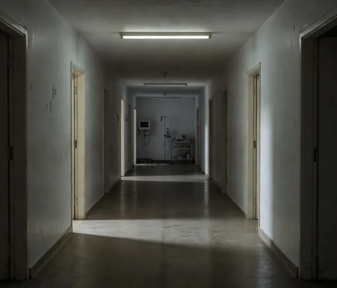 Corredor vazio de hospital simbolizando diagnóstico de doença de Creutzfeldt-Jakob