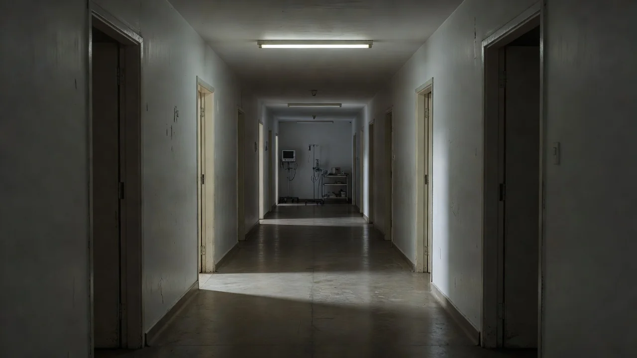 Corredor vazio de hospital simbolizando diagnóstico de doença de Creutzfeldt-Jakob